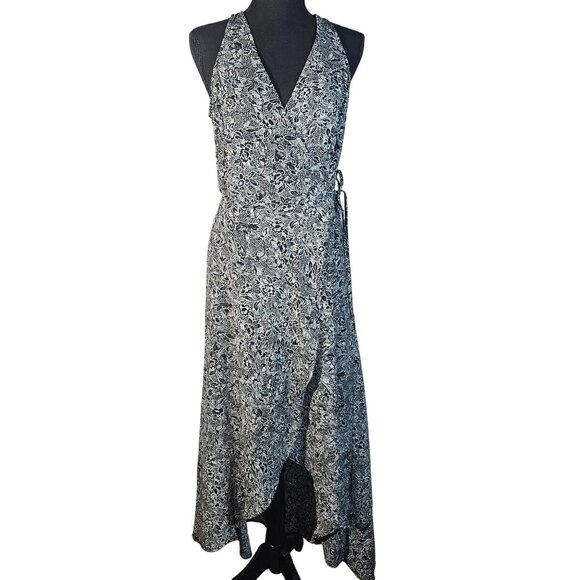 Abercrombie & Fitch Black Floral Wrap Dress Small Sleeveless Midi Soft Goth Y2K - Picture 1 of 14